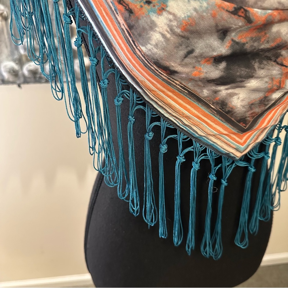 Teal & Orange Abstract Fringe Silk-Feel Scarf Wrap - Picture 4 of 7